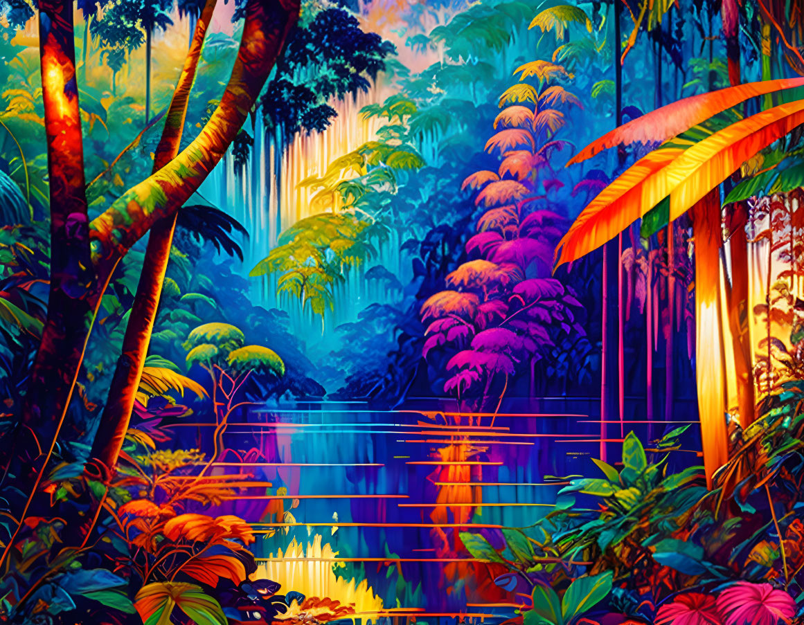 Neon-lit tropical rainforest with reflective river