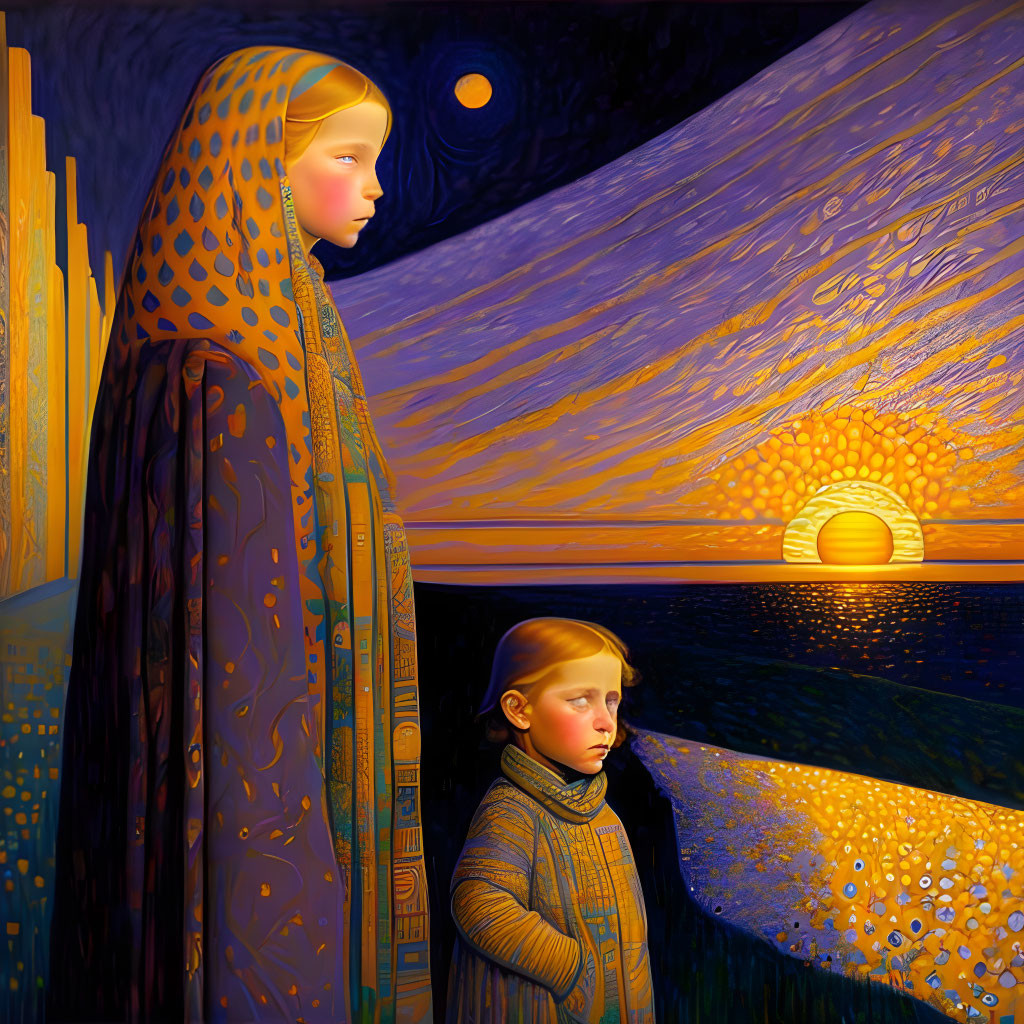 Stylized painting of mother and child in ornate garments against vibrant sunset