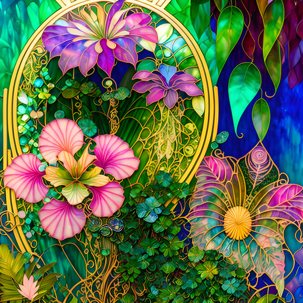 Colorful digital artwork: Stylized pink and purple flowers with golden accents