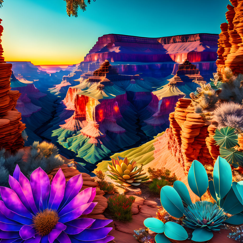 Colorful Stylized Canyon Landscape with Exaggerated Flora at Sunset