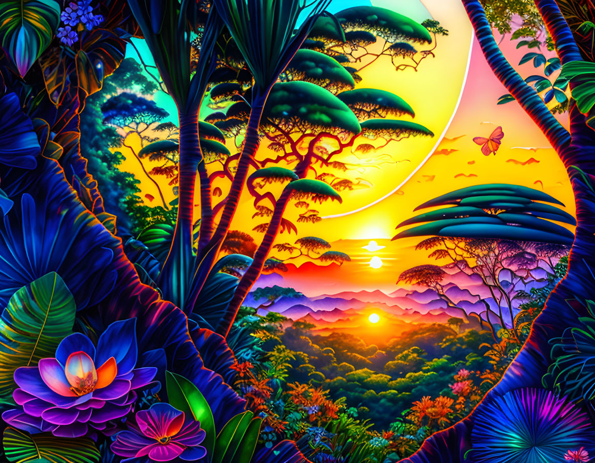 Tropical paradise illustration with lush foliage and sunset