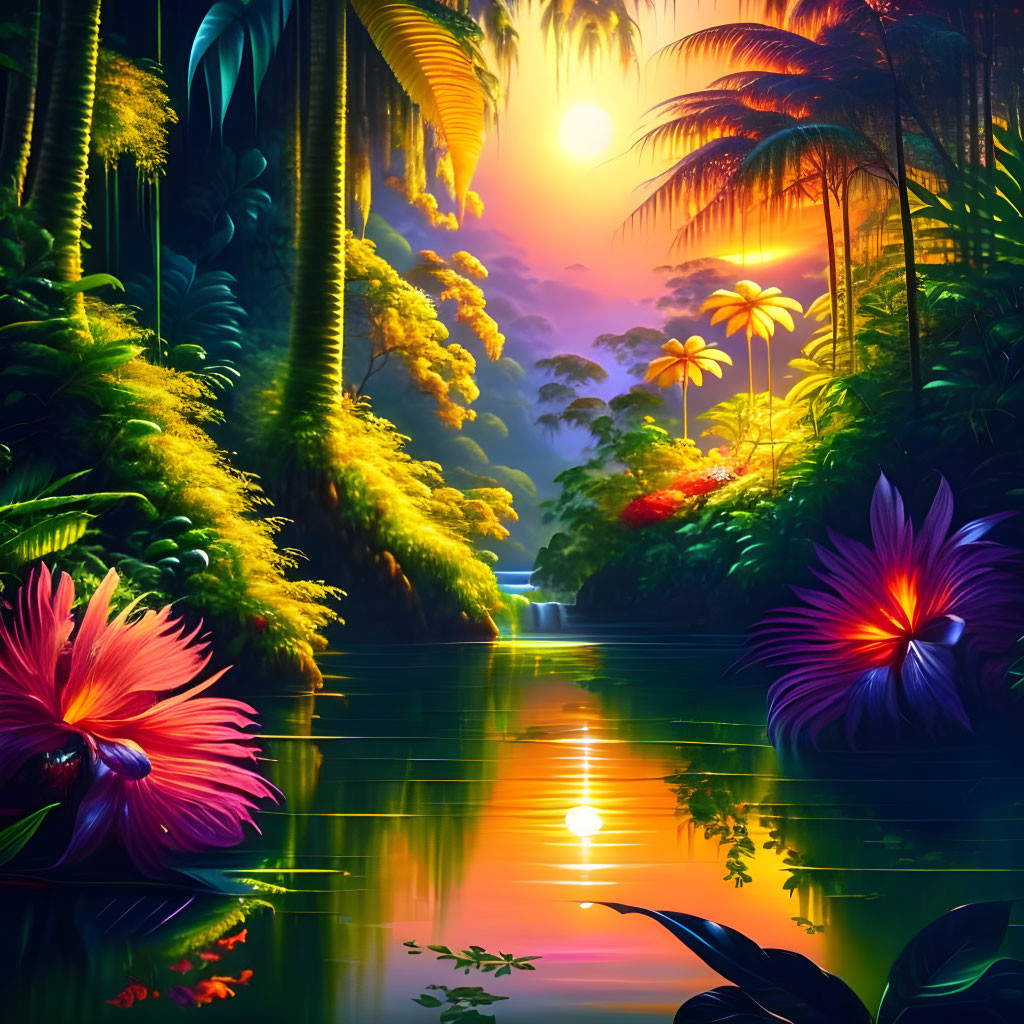 Vibrant digital artwork of lush tropical forest with sunset reflection on calm river