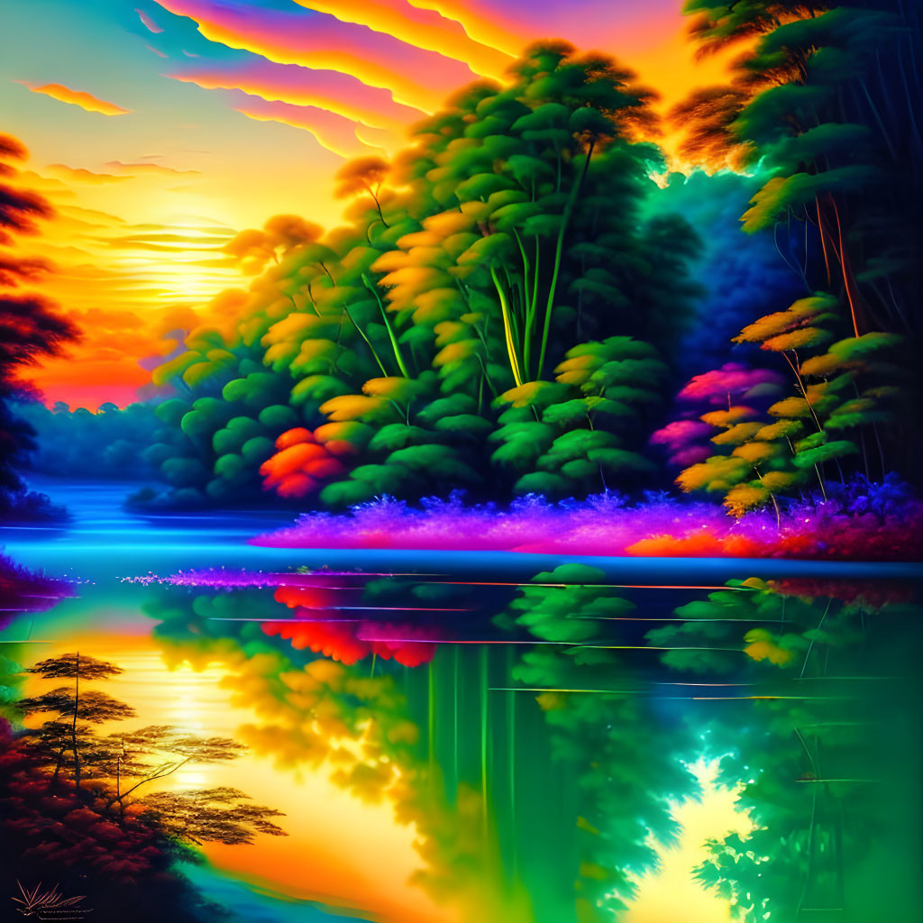 Colorful landscape: Sunset, lush trees, serene river, surreal sky