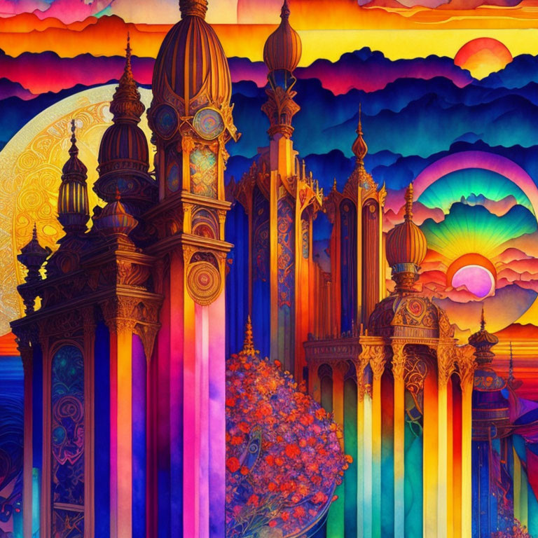 Fantastical cityscape illustration with ornate spires and vivid sunset sky