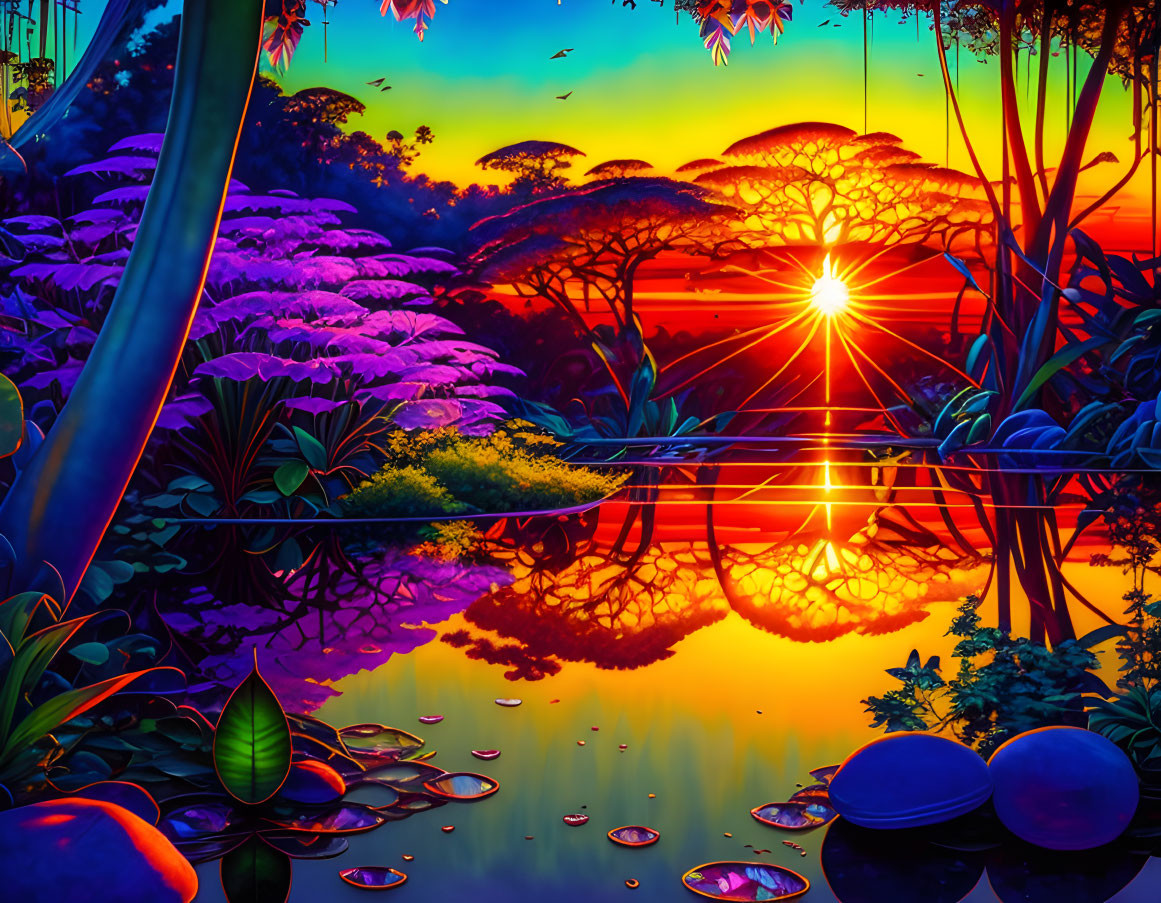 Colorful digital artwork: Sunset over jungle lake