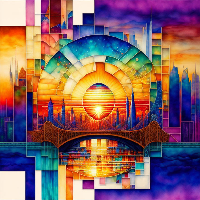 Colorful Abstract Cityscape Sunset Reflection with Various Architectural Styles