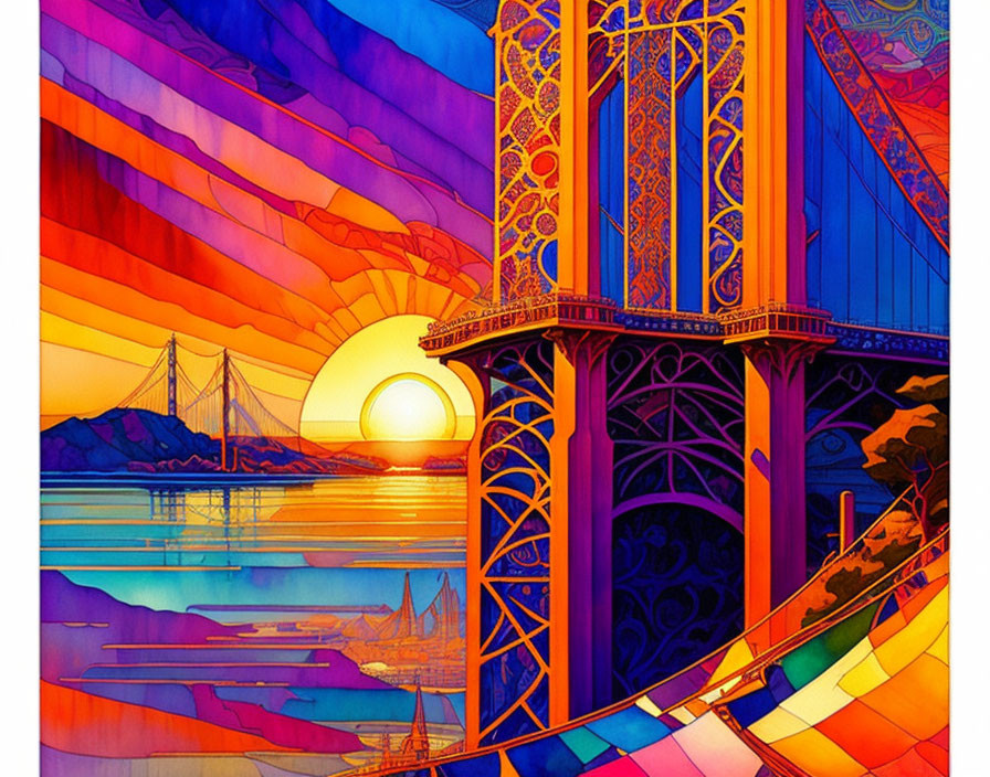 Colorful Bridge Illustration with Sunset, Mountains, and Bay Boats