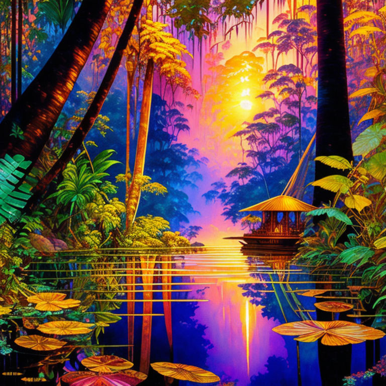 Tropical forest sunset scene with wooden hut and lily pads