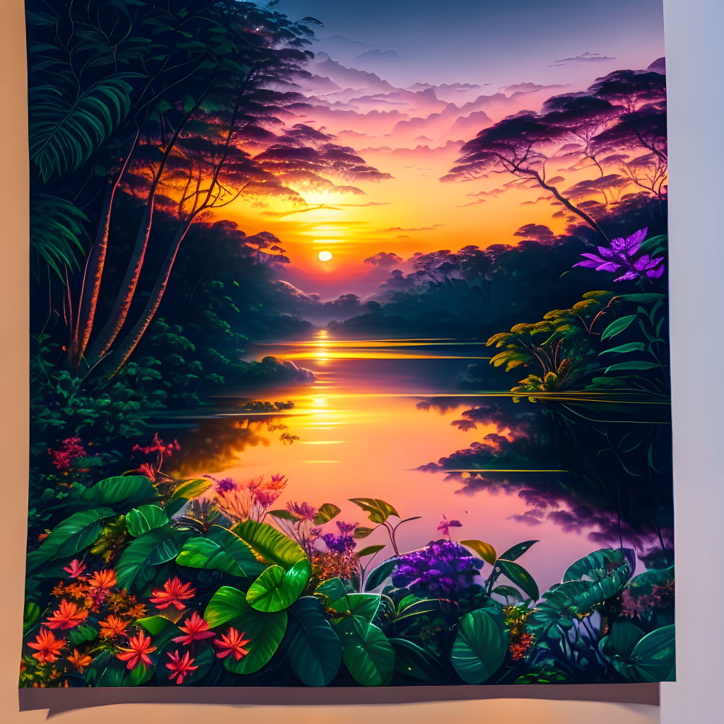 Vibrant digital artwork: Sunset over river with purple hues