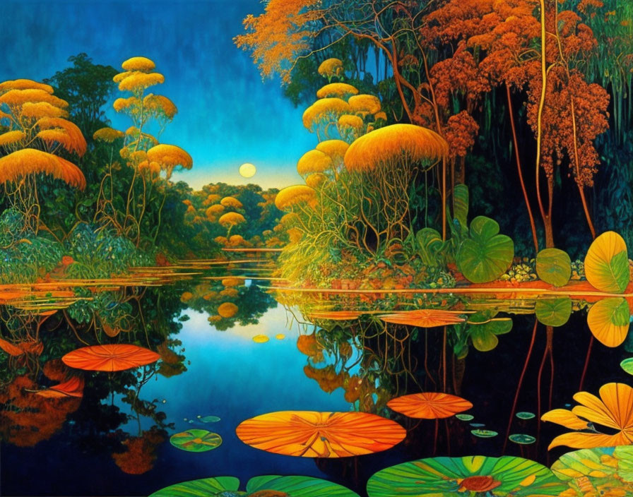 Twilight pond painting with oversized lily pads and yellow tree reflections