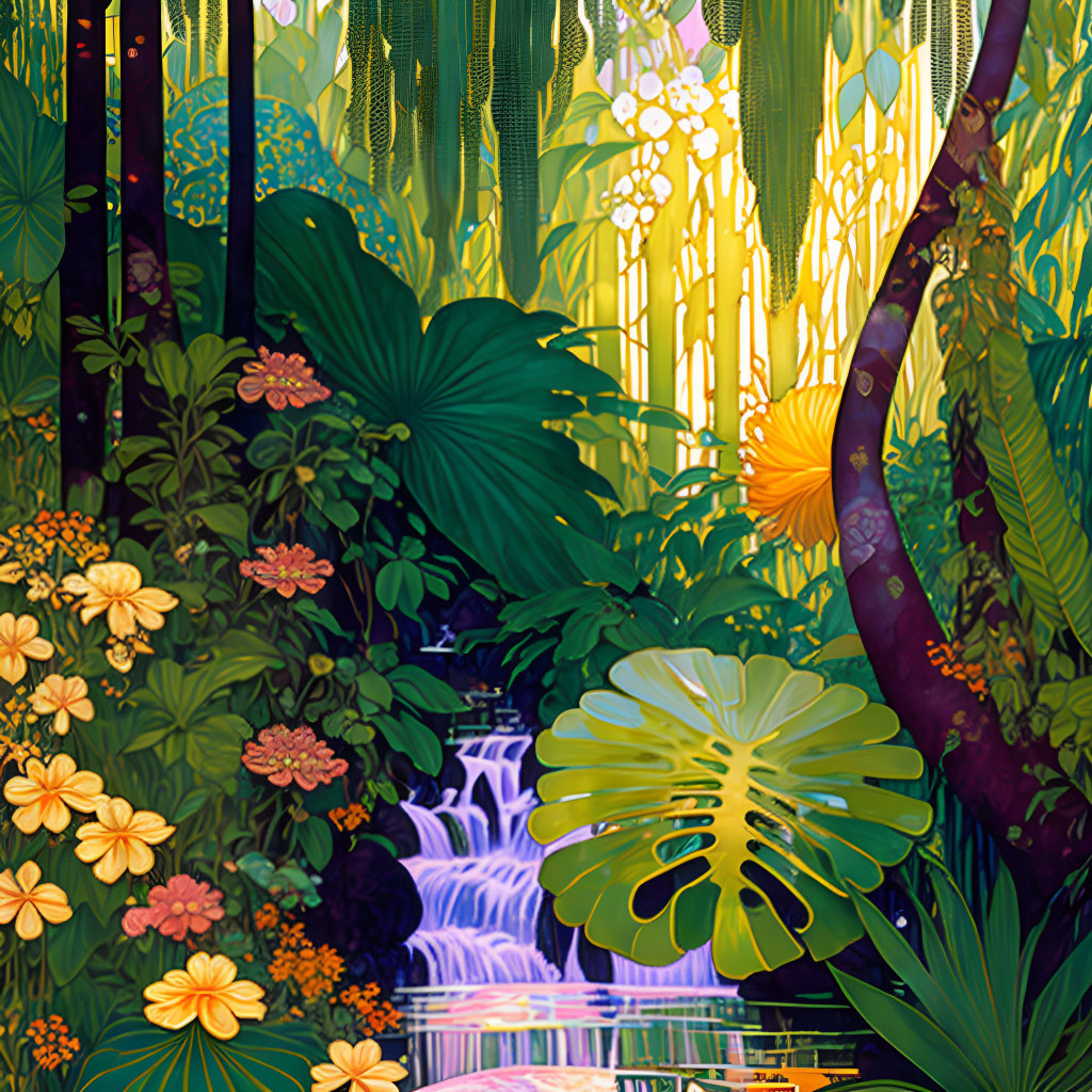 Colorful Jungle Scene with Waterfall and Exotic Flora