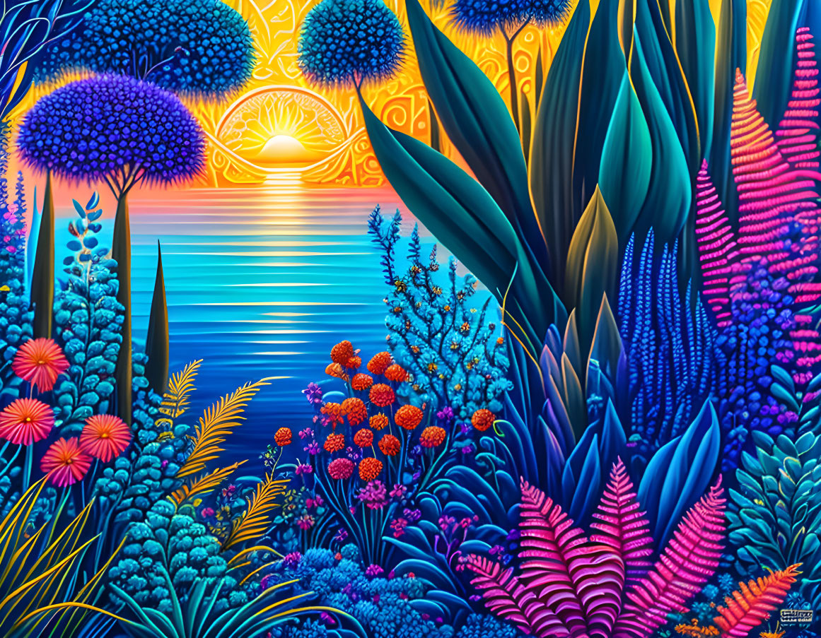 Colorful painting of lush garden at sunset