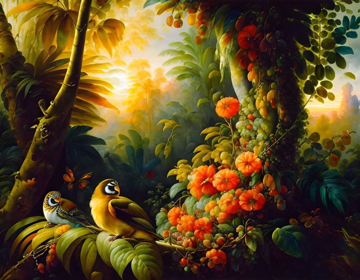 Lush jungle scene with blooming flowers and birds at sunset