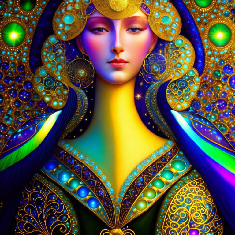 Colorful digital portrait of a woman with gold patterns and rainbow attire