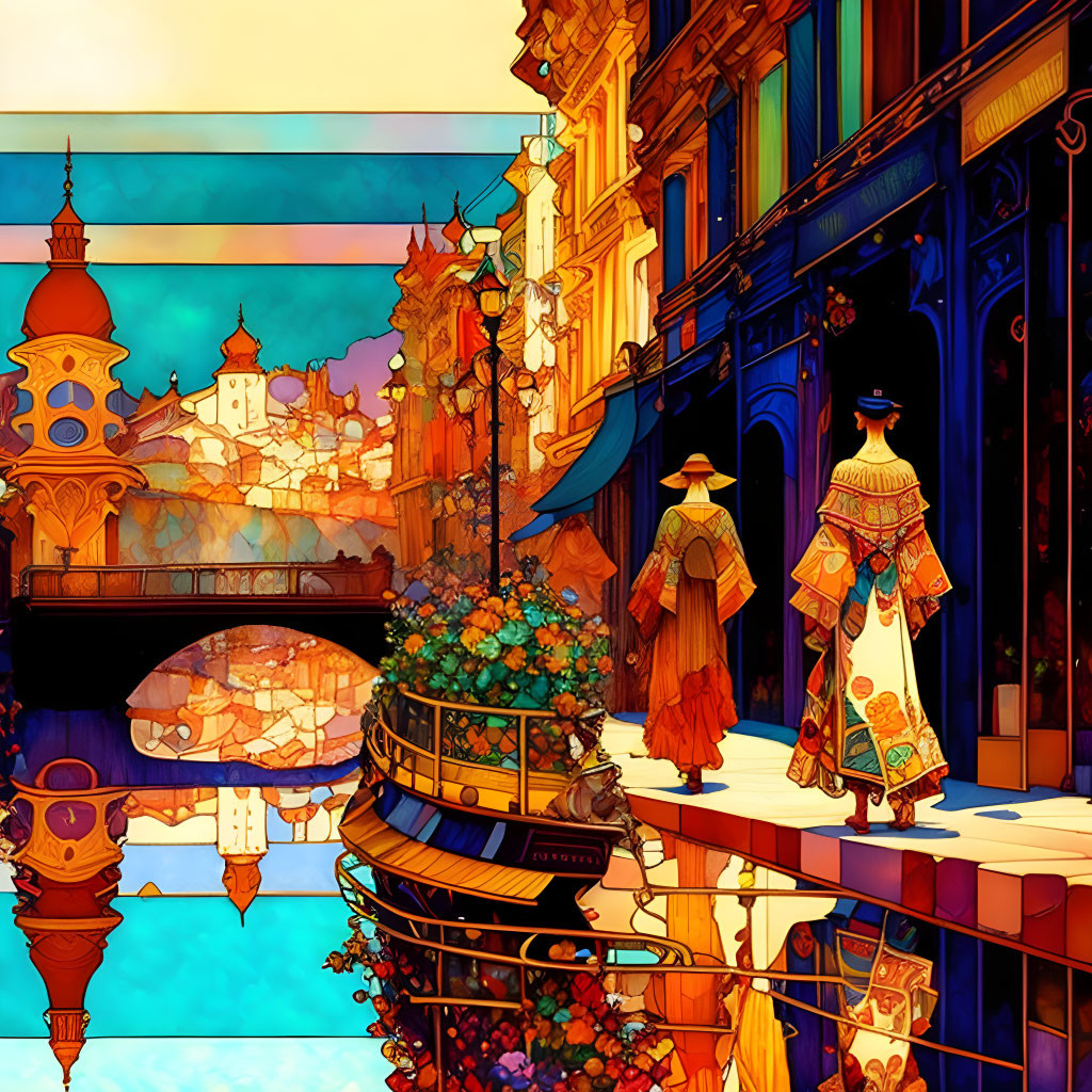 Colorful European Canal City Illustration with Strolling Figures