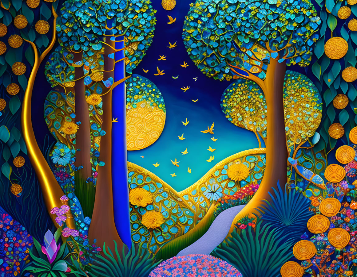 Colorful digital artwork of whimsical forest scene with stylized trees, river, birds, and fantast