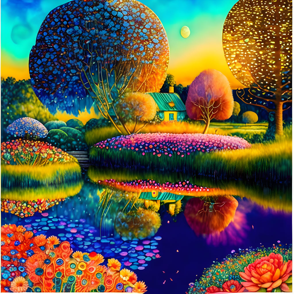 Colorful Landscape Painting: Trees, Lake, Flowers, House at Twilight