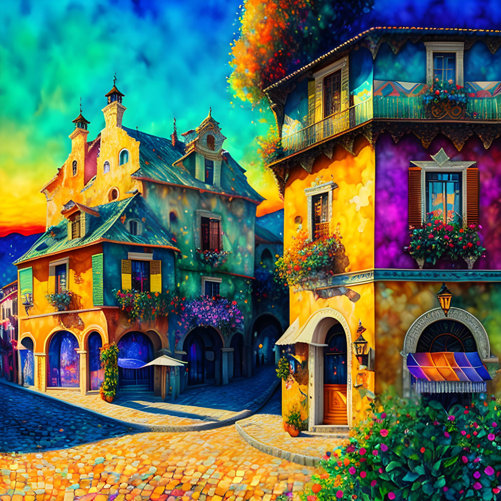 Colorful digital artwork: Whimsical streetscape with charming buildings and lush greenery