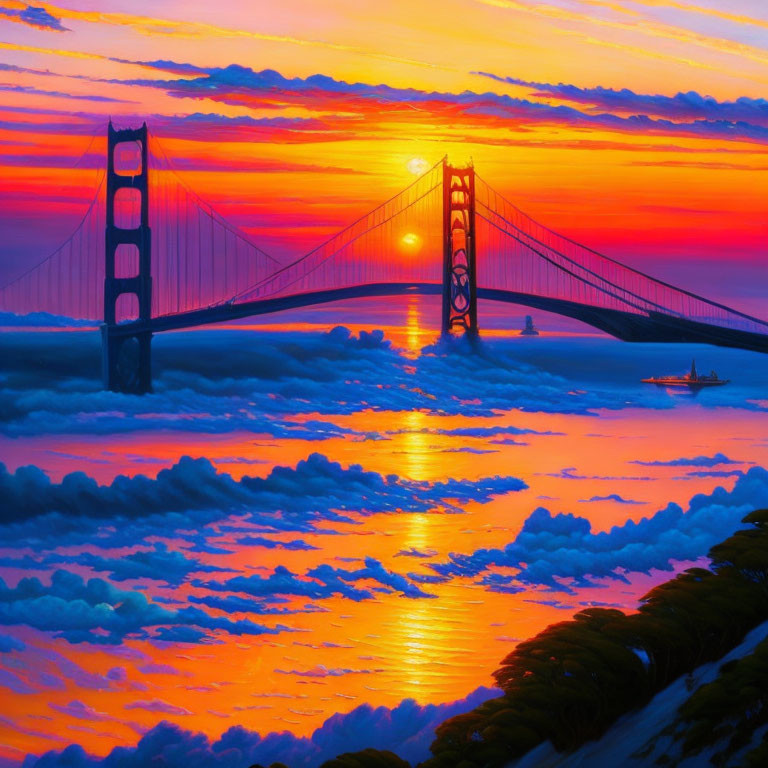 Scenic sunset over Golden Gate Bridge with fiery sky and boats