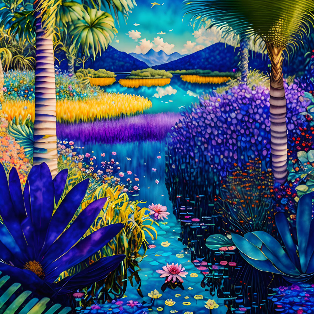 Colorful surreal tropical landscape with lush plants and serene lake