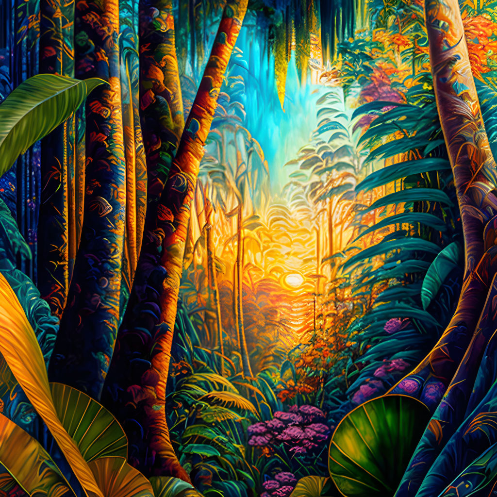 Lush Jungle Landscape with Rich Colors and Glowing Sunset