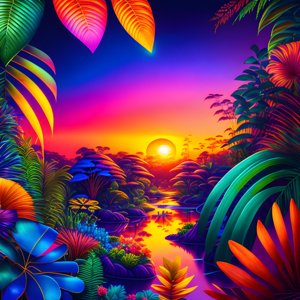 Colorful tropical jungle sunset with river reflection