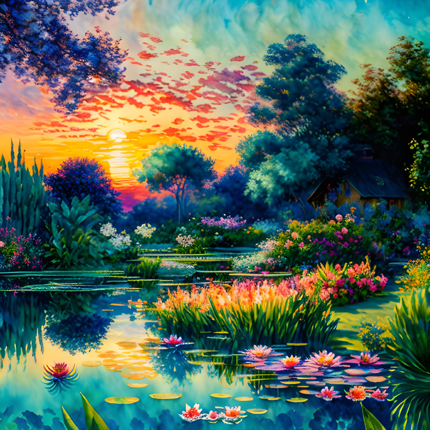 Colorful Flowers and Tranquil Pond in Vibrant Sunset Garden