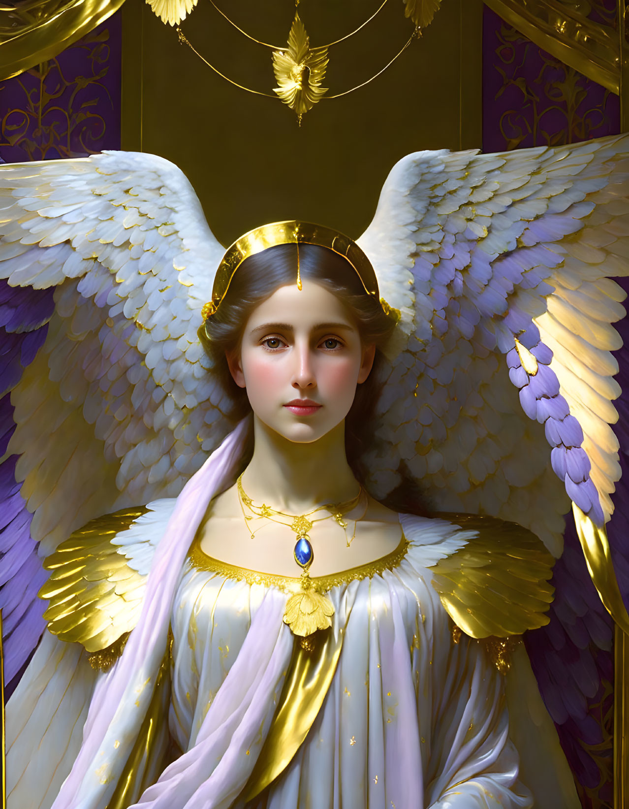 Serene angelic figure with white wings and halo on purple backdrop