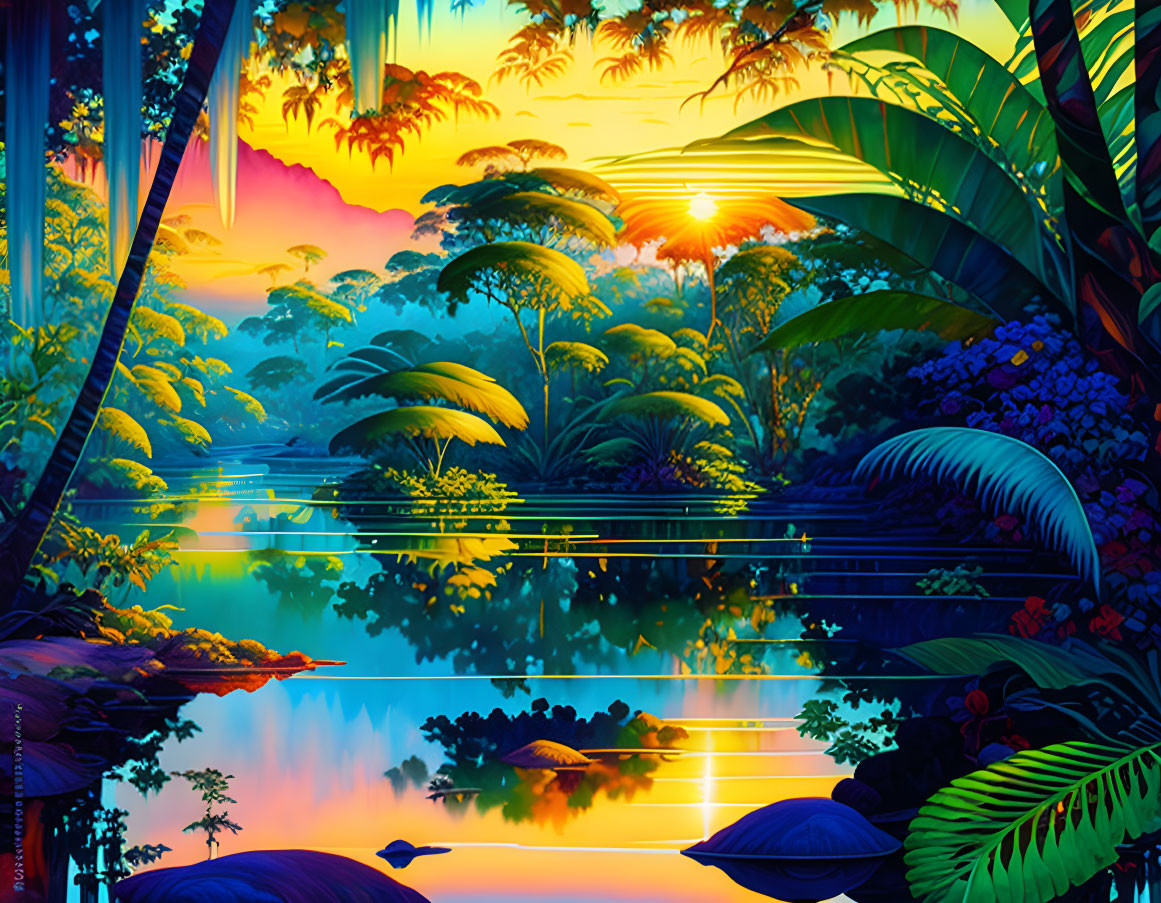 Digital Art: Lush Tropical Landscape with Sunset Sky Reflection