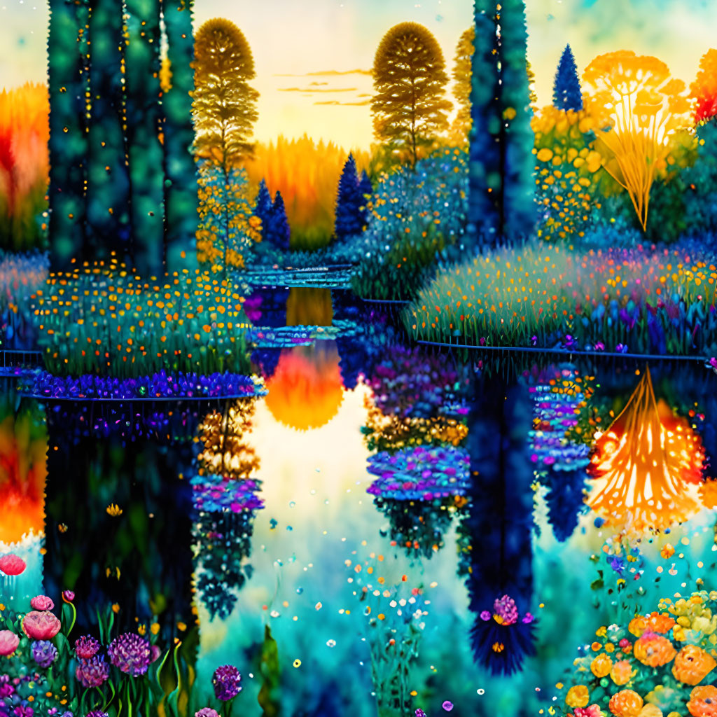 Colorful Sunset Landscape Painting with Water Reflections & Lush Flora