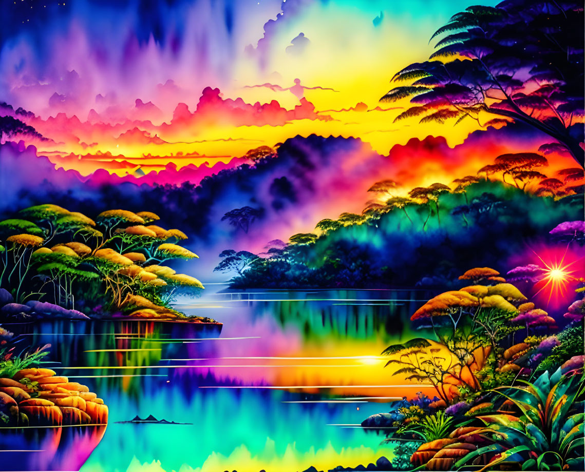 Colorful Sunset Landscape with Reflective Lake & Starry Sky