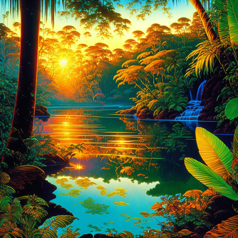 Tranquil tropical forest sunrise with lush greenery, reflective lake, small waterfall