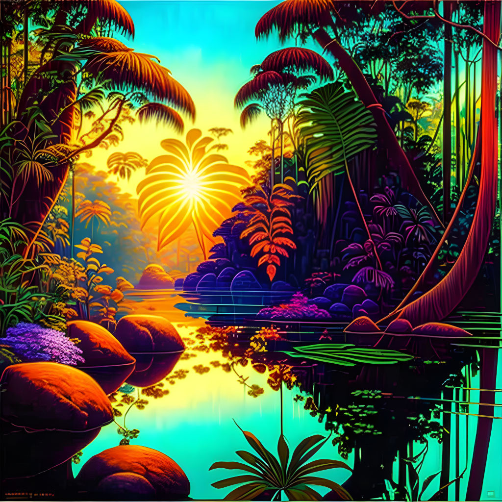 Neon-style digital artwork: lush tropical jungle with river at sunset