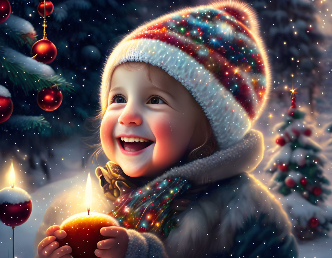 Child in winter clothing with ornament near Christmas tree and decorations