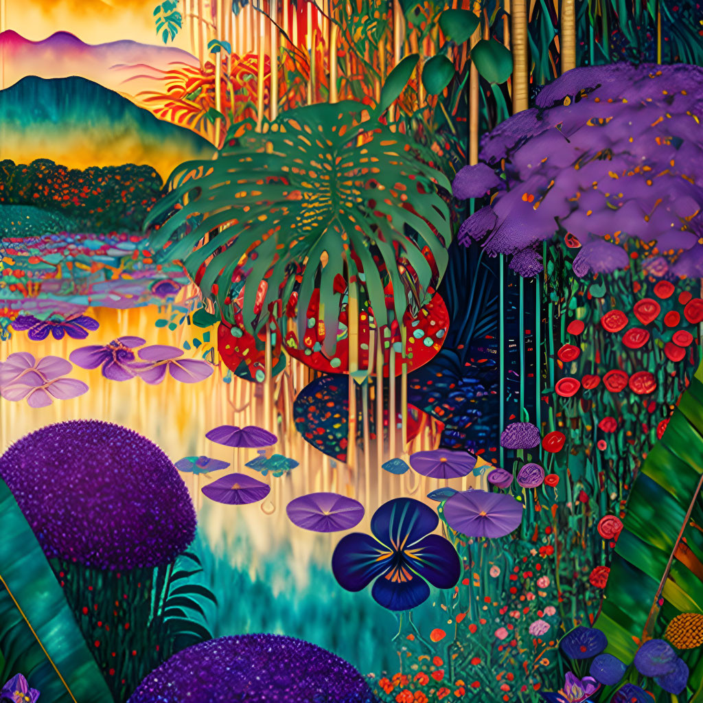 Colorful flora and sunset over mountains in vibrant artwork