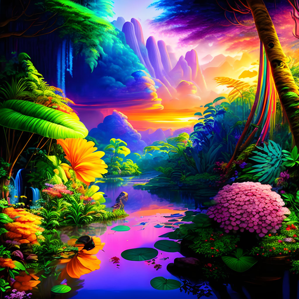 Colorful Fantasy Landscape: Waterfall, Flora, River, Sunset Sky, Mountains