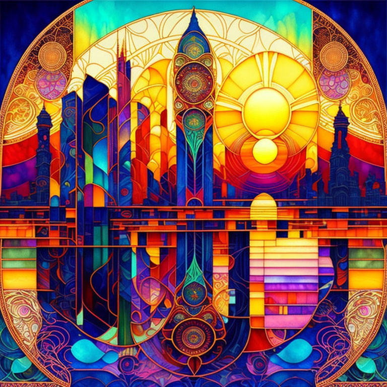 Colorful Stained Glass Artwork of Fantastical Cityscape