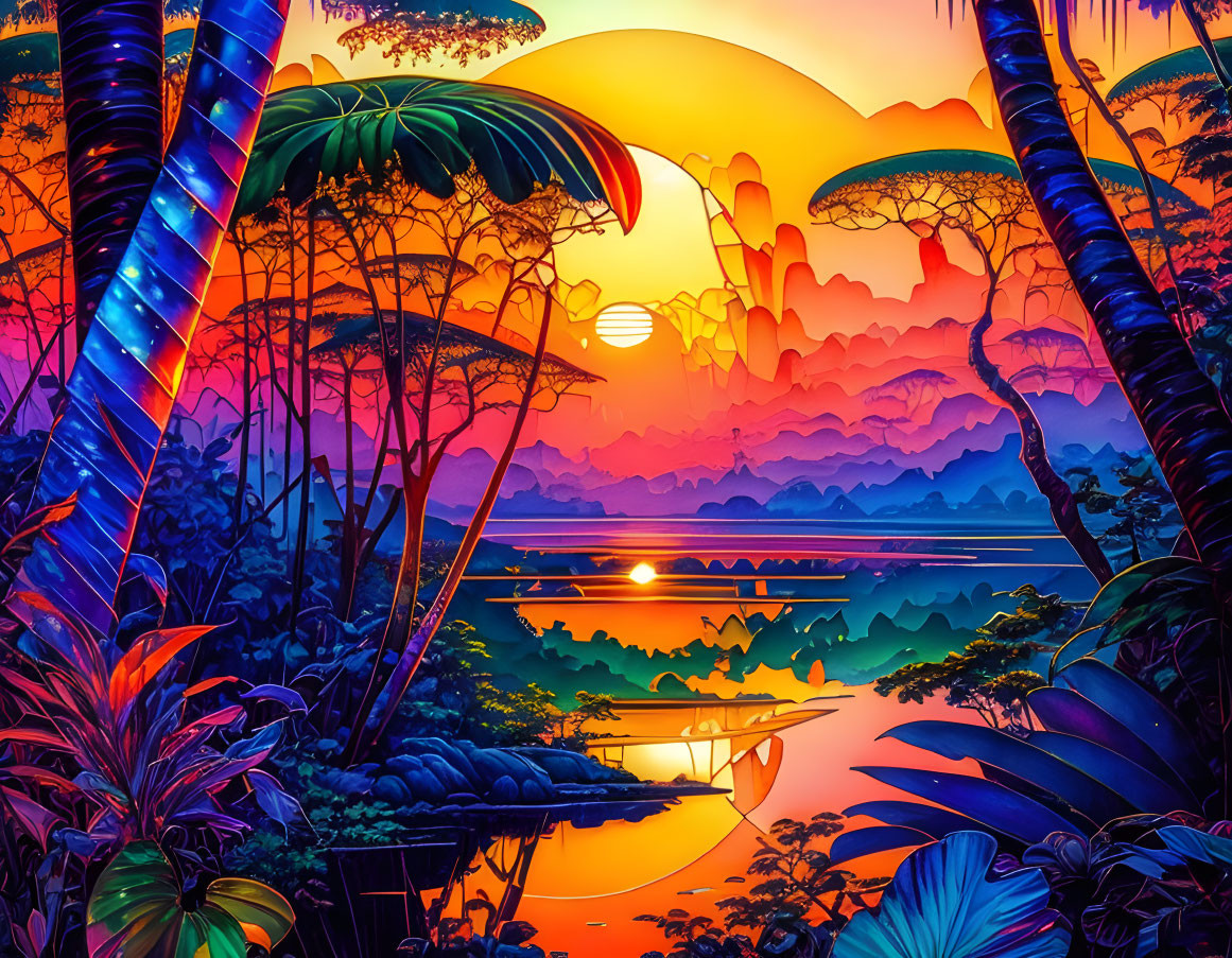 Colorful Tropical Sunset Artwork with River, Foliage, and Mountains