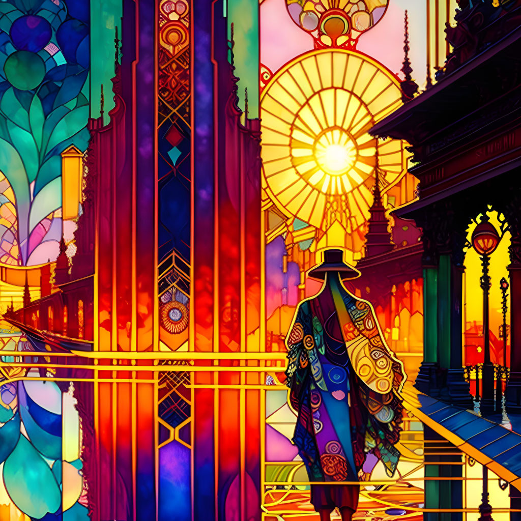 Colorful Stained-Glass Style Artwork Featuring Figure on Bridge