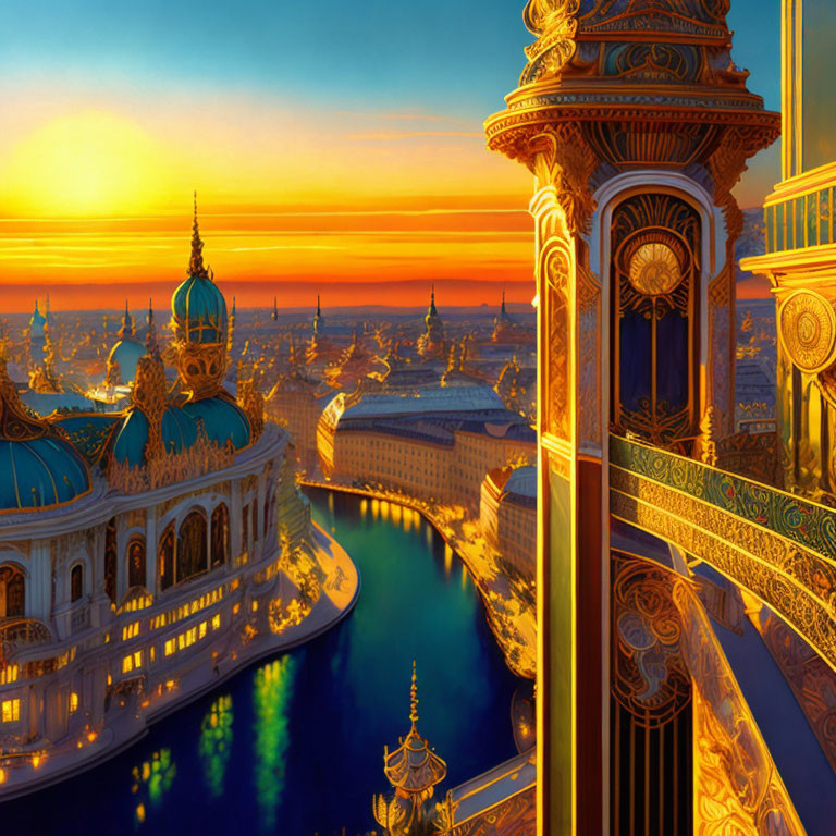 Baroque-style cityscape at sunset with ornate buildings and river view.