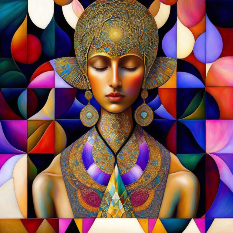 Vibrant digital art: serene woman with intricate headdress and geometric floral patterns