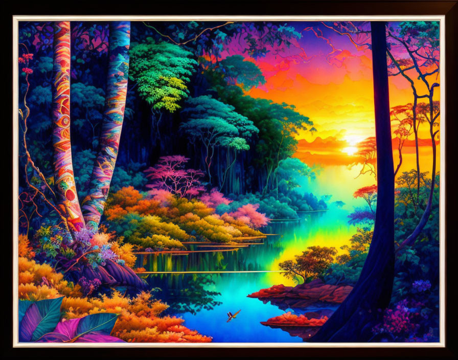 Colorful Forest Scene: Tranquil River, Diverse Foliage, Sunset Sky