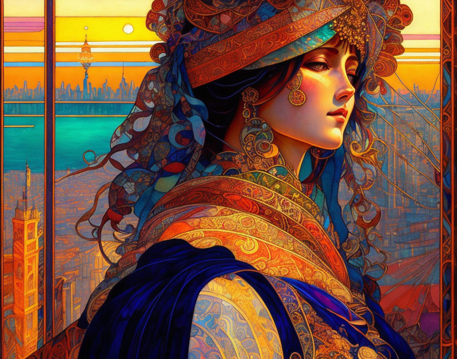 Colorful illustration of woman with intricate headgear in fantasy cityscape.