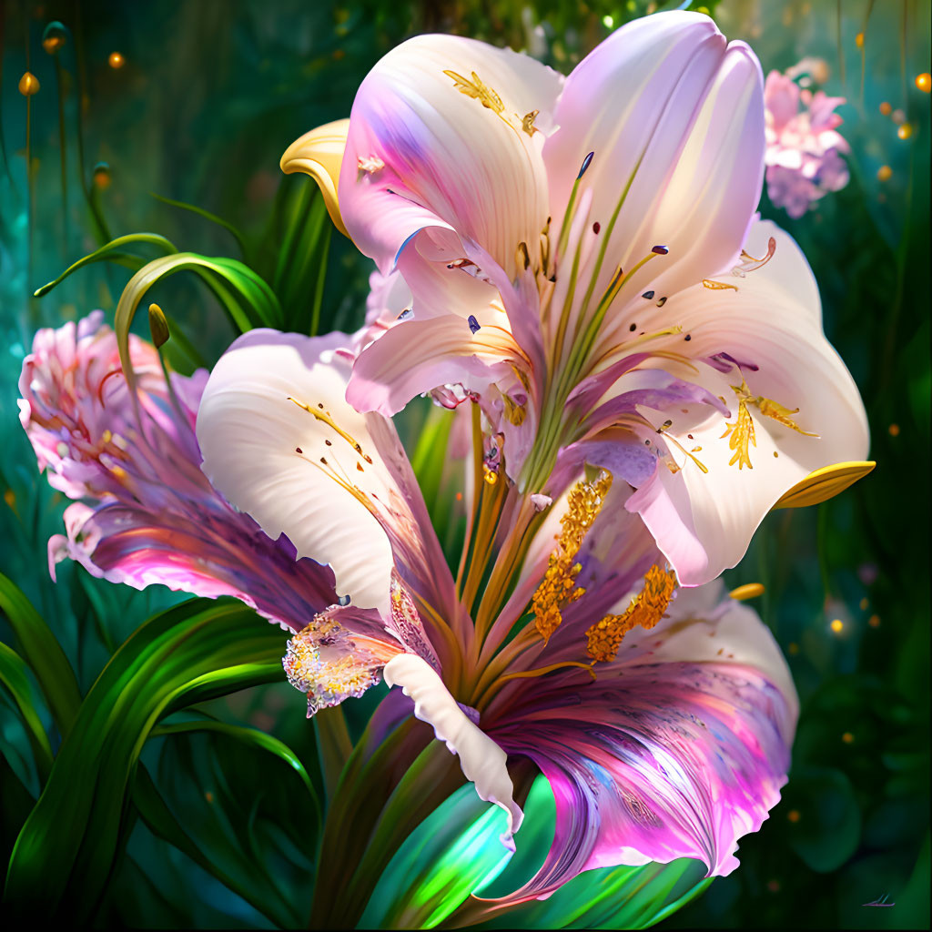 Detailed Pink and White Lily Artwork with Golden Pollen