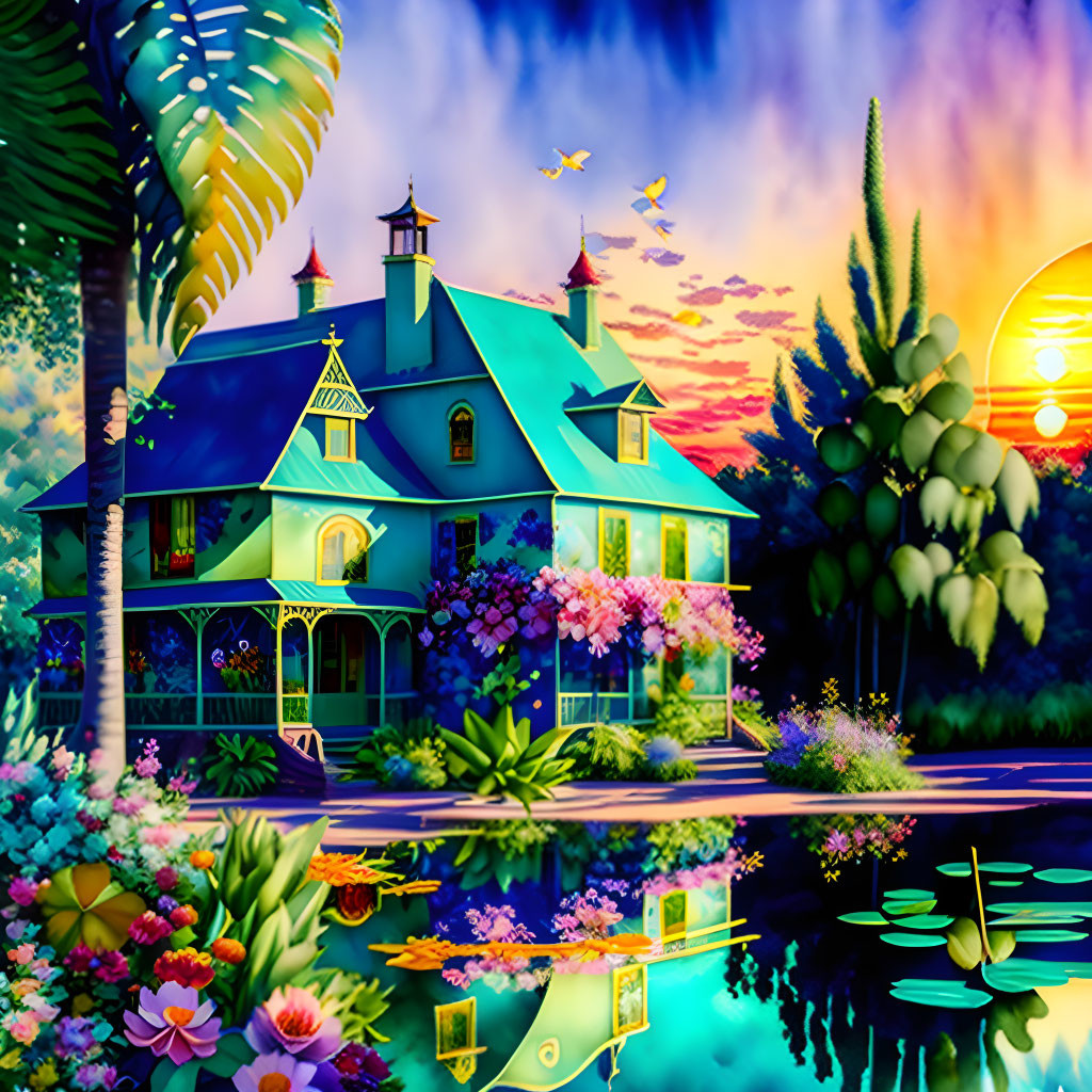 Victorian house in lush garden at sunset with vibrant flowers and tranquil pond