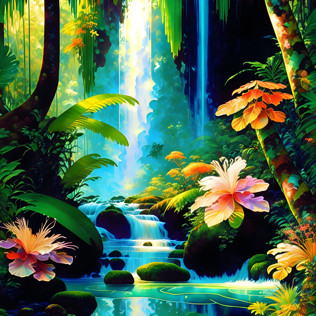 Colorful Tropical Forest Illustration with Waterfall & Pond