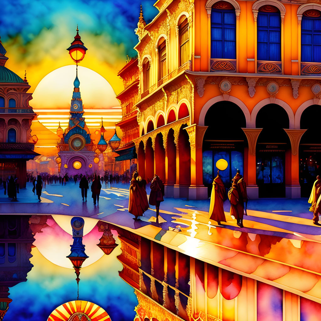 Fantastical sunset cityscape with silhouettes and clock tower