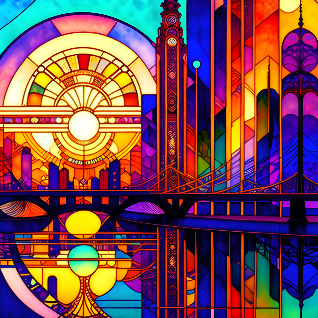 Circular motif, architectural elements, bridge in vibrant stained glass-style illustration.