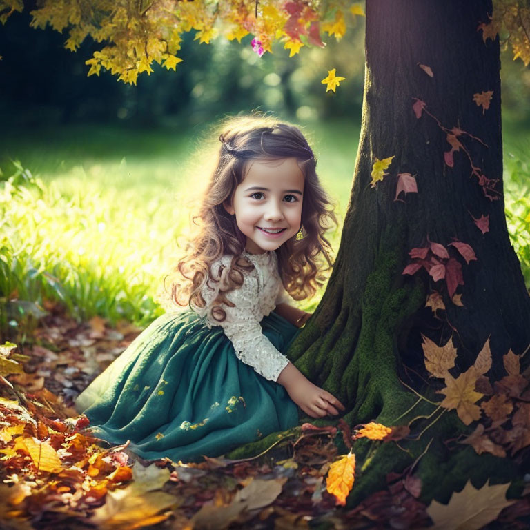 Young girl in green dress sitting by autumn tree with sunlight filtering through foliage