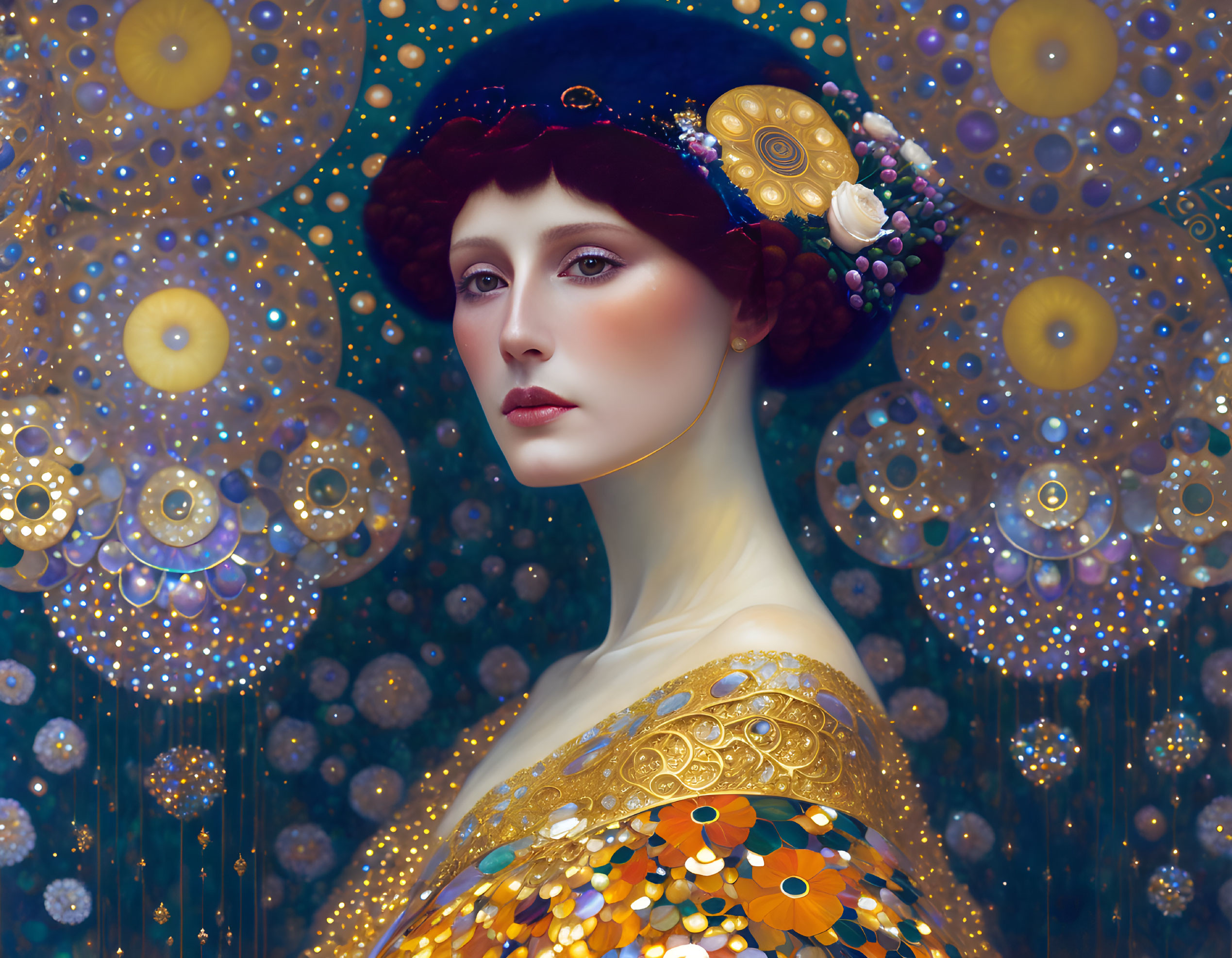 Art Nouveau Style Illustration with Woman in Cosmic Background